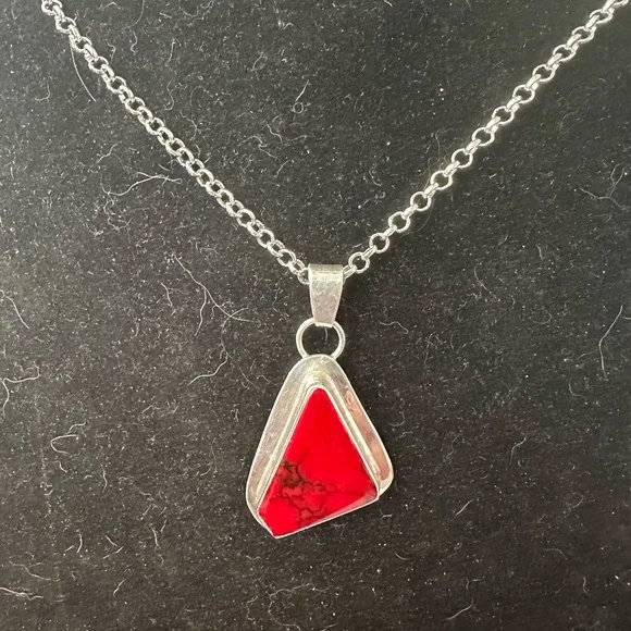 Vintage Mexican Silver Red Jasper Triangle Pendant Necklace - Picture 2 of 4
